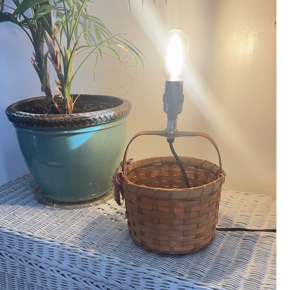 Vintage Woven Wood Basket Accent Table Lamp with Gingham Bow Farmhouse Decor